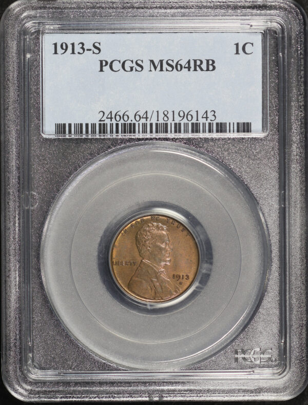 Obverse of this 1913-S Lincoln Cent Wheat Reverse PCGS MS-64 RB