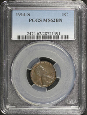 Obverse of this 1914-S Lincoln Cent Wheat Reverse PCGS MS-62 BN