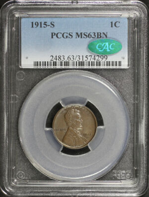 Obverse of this 1915-S Lincoln Cent Wheat Reverse PCGS MS-63 BN CAC