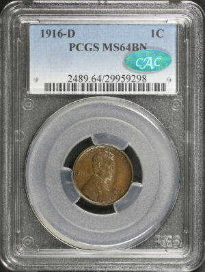 Obverse of this 1916-D Lincoln Cent Wheat Reverse PCGS MS-64 BN CAC