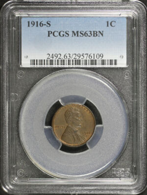 Obverse of this 1916-S Lincoln Cent Wheat Reverse PCGS MS-63 BN