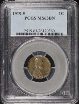 Obverse of this 1919-S Lincoln Cent Wheat Reverse PCGS MS-63 BN