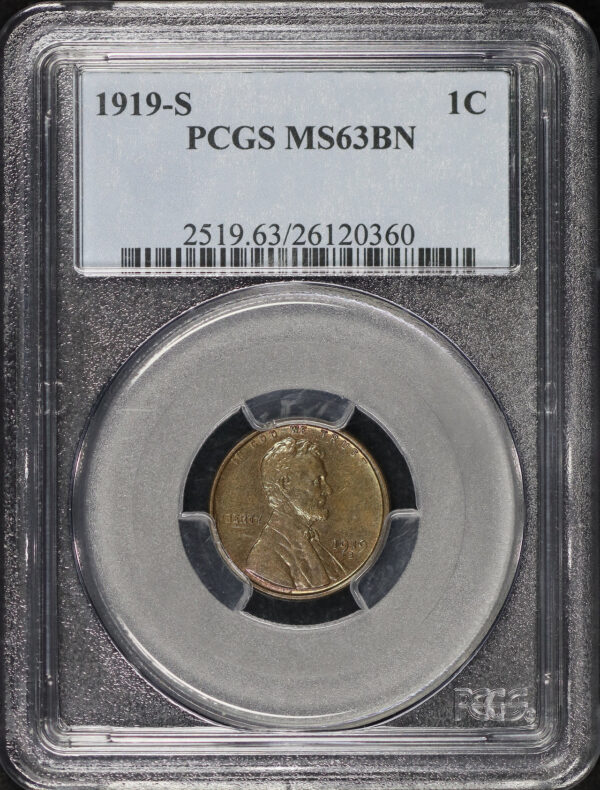 Obverse of this 1919-S Lincoln Cent Wheat Reverse PCGS MS-63 BN