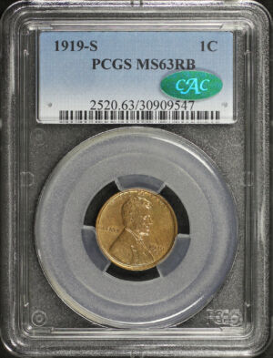 Obverse of this 1919-S Lincoln Cent Wheat Reverse PCGS MS-63 RB CAC
