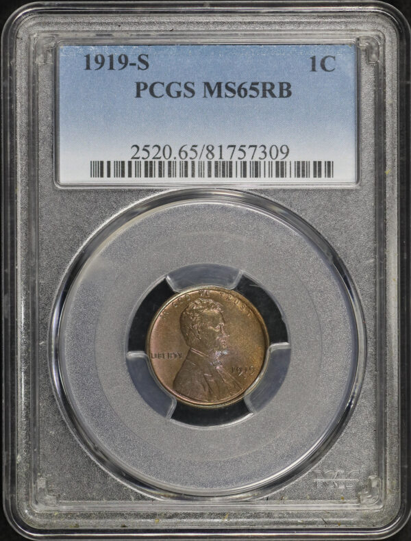 Obverse of this 1919-S Lincoln Cent Wheat Reverse PCGS MS-65 RB