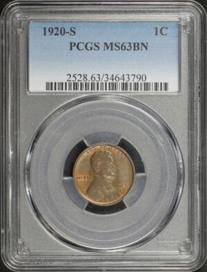 Obverse of this 1920-S Lincoln Cent Wheat Reverse PCGS MS-63 BN