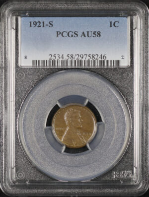 Obverse of this 1921-S Lincoln Cent Wheat Reverse PCGS AU-58 BN