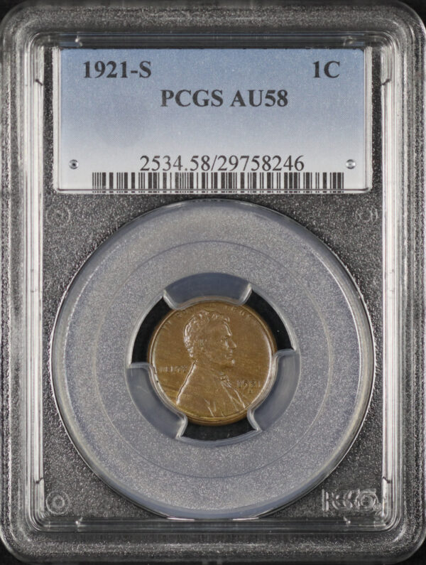 Obverse of this 1921-S Lincoln Cent Wheat Reverse PCGS AU-58 BN