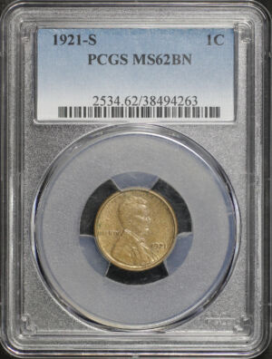 Obverse of this 1921-S Lincoln Cent Wheat Reverse PCGS MS-62 BN