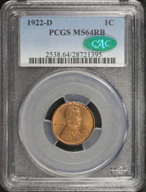 Obverse of this 1922-D Lincoln Cent Wheat Reverse PCGS MS-64 RB CAC