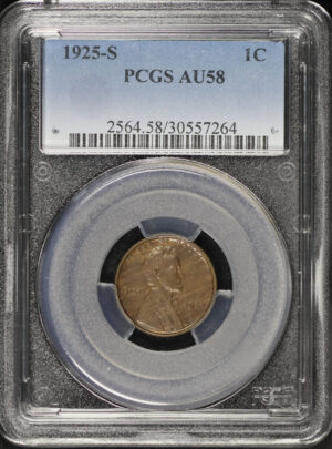 Obverse of this 1925-S Lincoln Cent Wheat Reverse PCGS AU-58 BN
