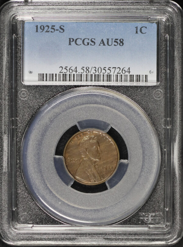 Obverse of this 1925-S Lincoln Cent Wheat Reverse PCGS AU-58 BN