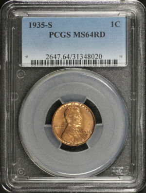 Obverse of this 1935-S Lincoln Cent Wheat Reverse PCGS MS-64 RD