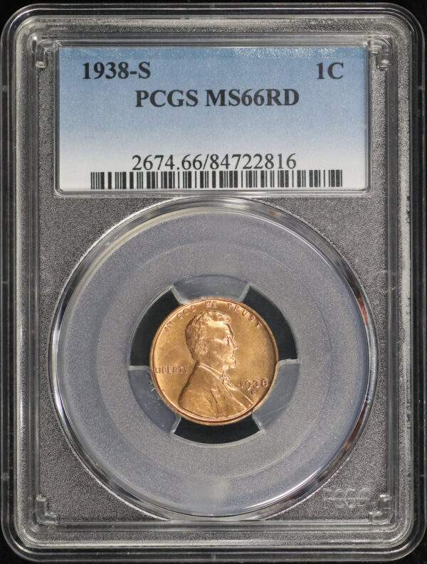 Obverse of this 1938-S Lincoln Cent Wheat Reverse PCGS MS-66 RD