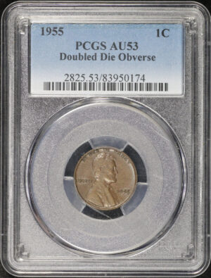 Obverse of this 1955 Doubled Die Obverse Lincoln Cent Wheat Reverse PCGS AU-53
