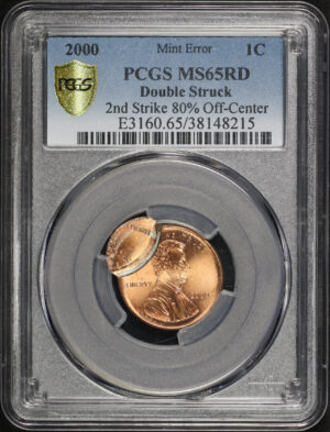 Obverse of this 2000 Lincoln Cent Modern PCGS MS-65 RD Mint Error 2nd Strike 80% O/C