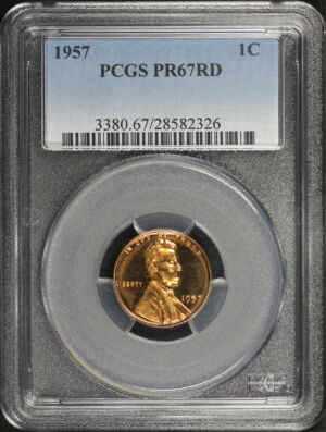 Obverse of this 1957 Lincoln Cent Wheat Reverse PCGS PR-67 RD