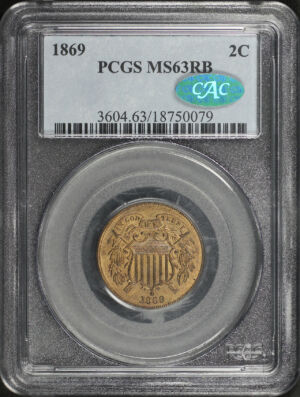 Obverse of this 1869 Two Cent PCGS MS-63 RB CAC