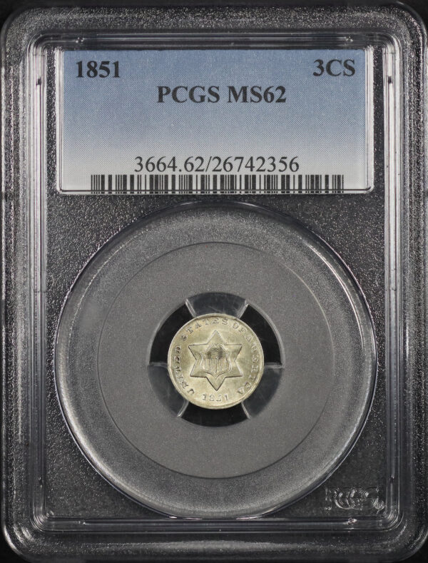 Obverse of this 1851 Three Cent Silver PCGS MS-62