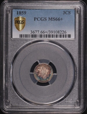 Obverse of this 1859 Three Cent Silver PCGS MS-66+ Blue Toning