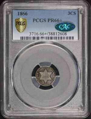 Obverse of this 1866 Three Cent Silver PCGS PR-66+ CAC Green Toning