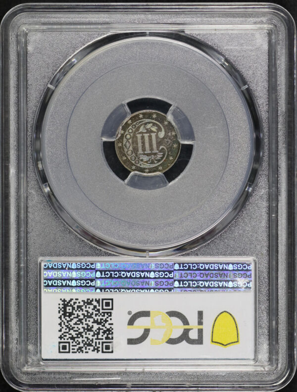 Reverse of this 1866 Three Cent Silver PCGS PR-66+ CAC Green Toning