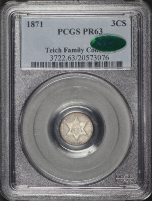 Obverse of this 1871 Three Cent Silver PCGS PR-63 CAC