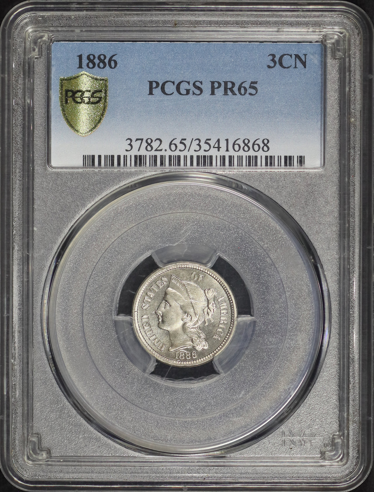 Obverse of this 1886 Three Cent Nickel PCGS PR-65
