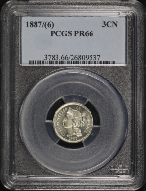 Obverse of this 1887/6 Three Cent Nickel PCGS PR-66