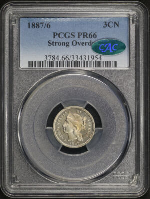 Obverse of this 1887/6 Strong Overdate Three Cent Nickel PCGS PR-66 CAC