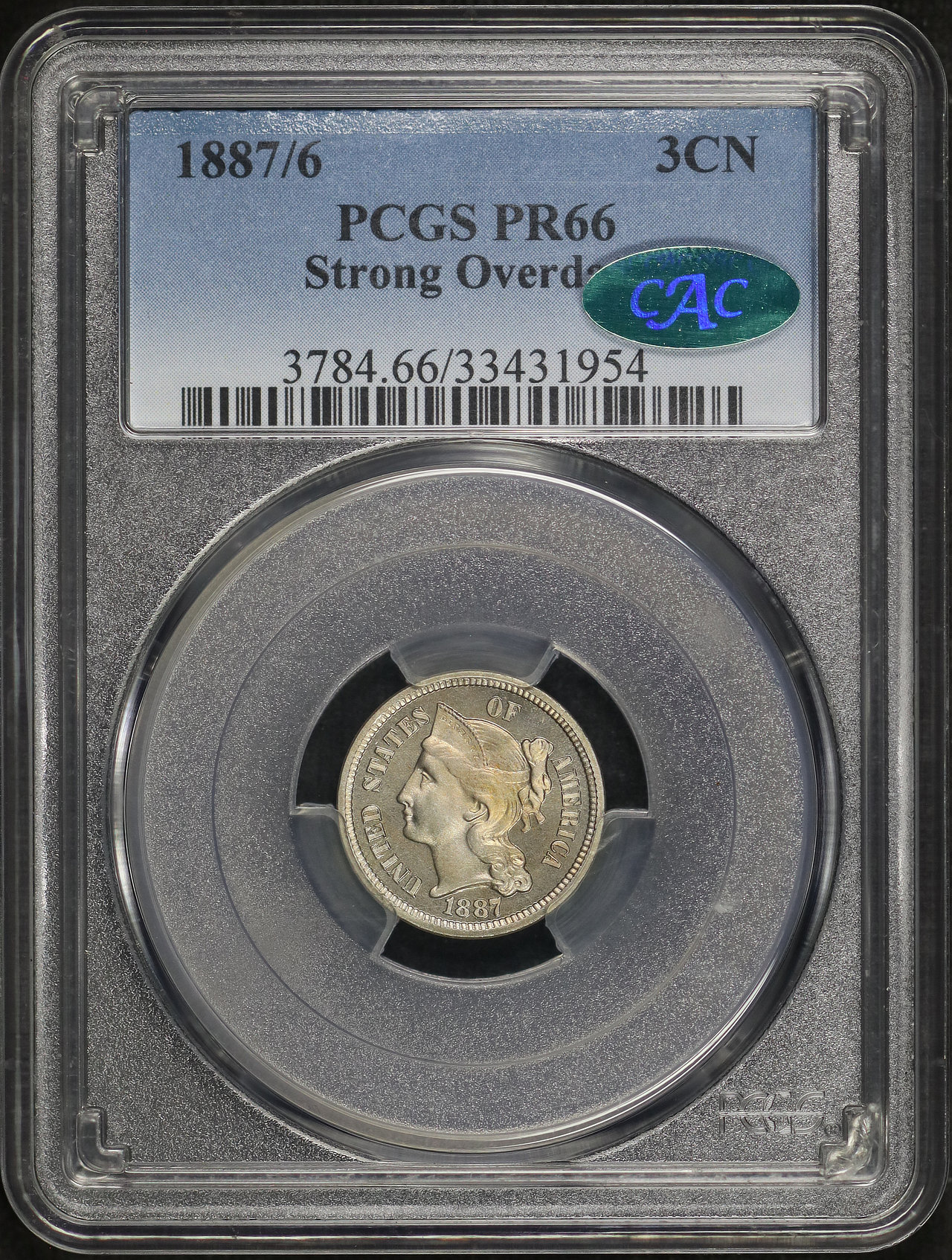 Obverse of this 1887/6 Strong Overdate Three Cent Nickel PCGS PR-66 CAC