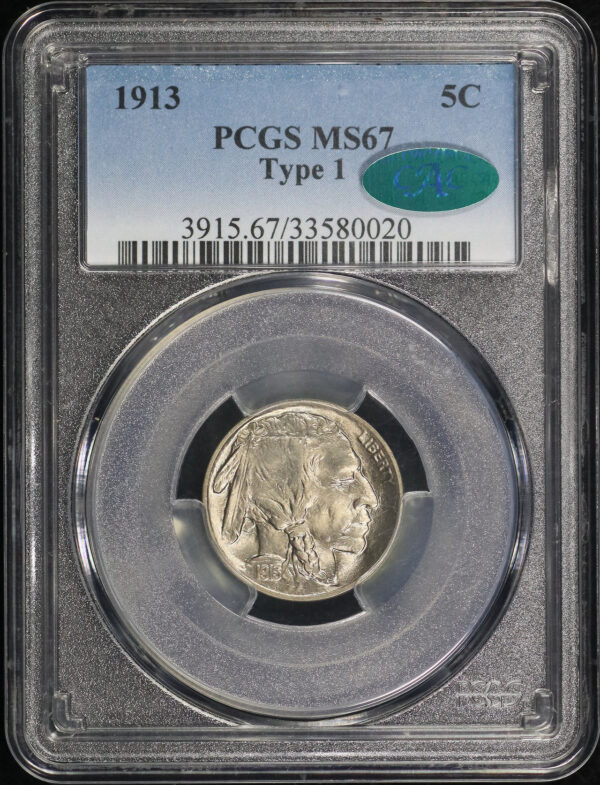 Obverse of this 1913 Buffalo Nickel Type 1 PCGS MS-67 CAC