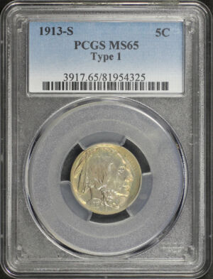 Obverse of this 1913-S Buffalo Nickel Type 1 PCGS MS-65