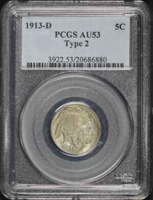 Obverse of this 1913-D Buffalo Nickel Type 2 PCGS AU-53