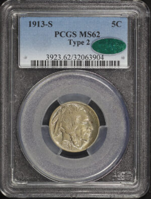 Obverse of this 1913-S Buffalo Nickel Type 2 PCGS MS-62 CAC