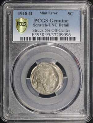 Obverse of this 1918-D Buffalo Nickel PCGS UNC Details Scratched Struck 5% off Center Mint Error 