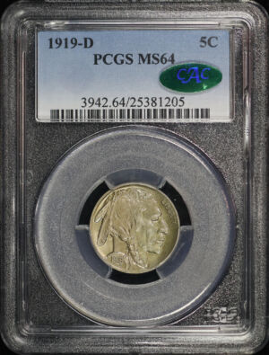 Obverse of this 1919-D Buffalo Nickel PCGS MS-64 CAC
