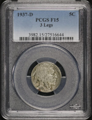 Obverse of this 1937-D Buffalo Nickel 3 Legs PCGS F-15