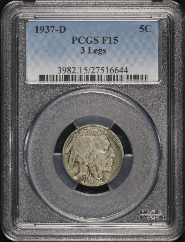 Obverse of this 1937-D Buffalo Nickel 3 Legs PCGS F-15