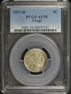 Obverse of this 1937-D Buffalo Nickel 3 Legs PCGS AU-58