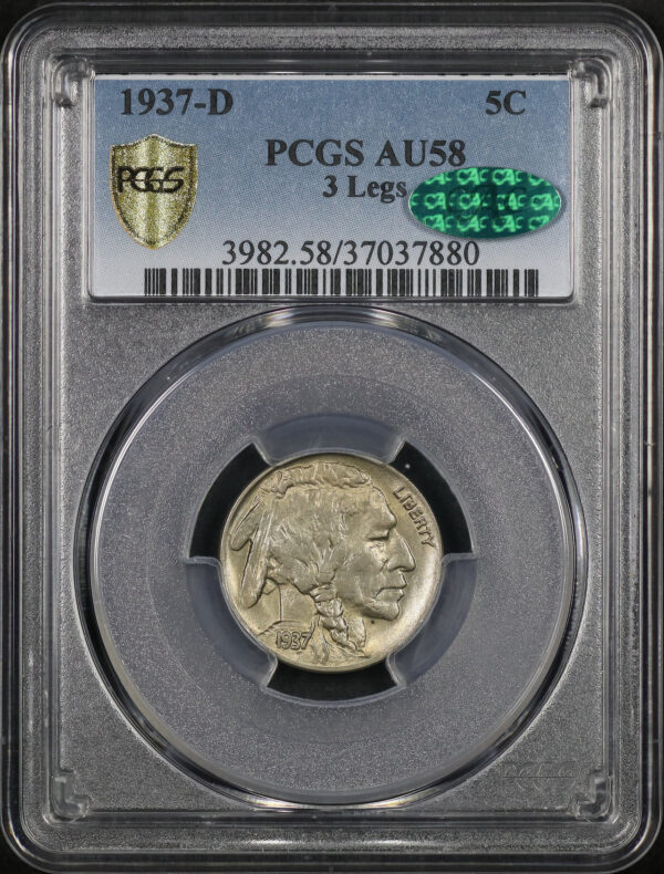 Obverse of this 1937-D Buffalo Nickel 3 Legs PCGS AU-58 CAC