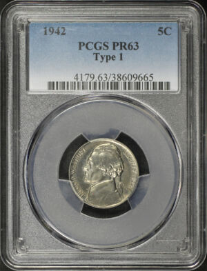 Obverse of this 1942 Jefferson Nickel Type 1 PCGS PR-63