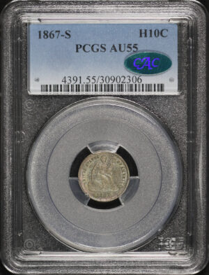 Obverse of this 1867-S Liberty Seated Half Dime PCGS AU-55 CAC