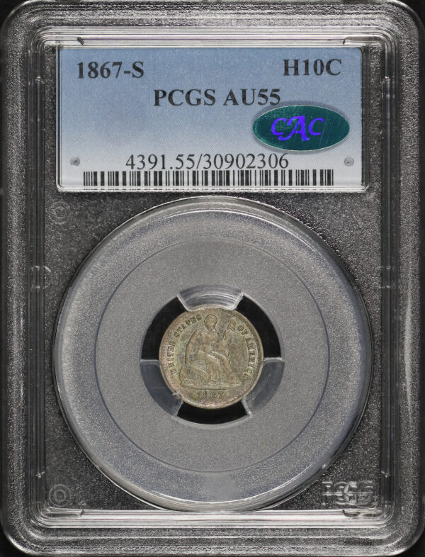 Obverse of this 1867-S Liberty Seated Half Dime PCGS AU-55 CAC
