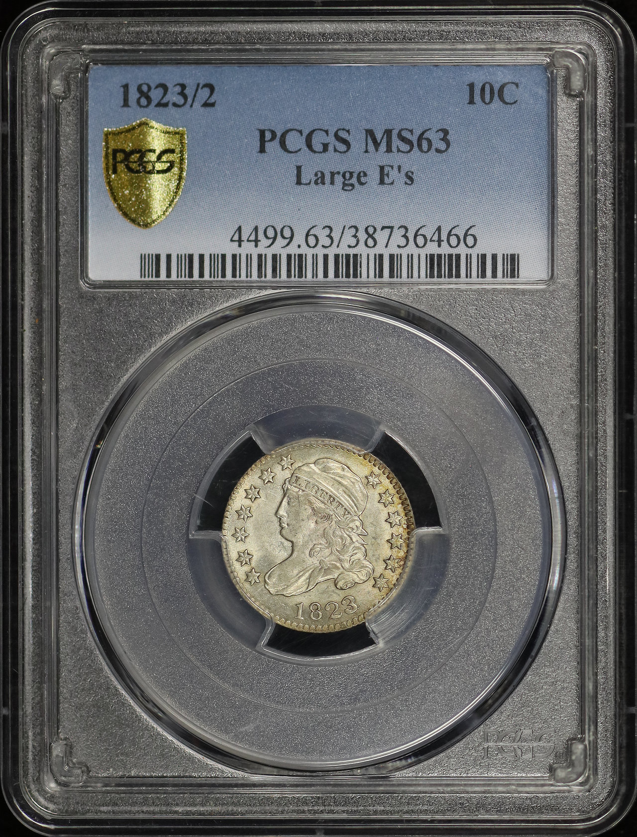 Obverse of this 1823/2 Capped Bust Dime Large E’s PCGS MS-63