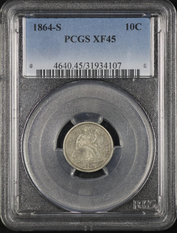 Obverse of this 1864-S Liberty Seated Dime PCGS XF-45
