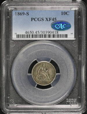 Obverse of this 1869-S Liberty Seated Dime PCGS XF-45 CAC