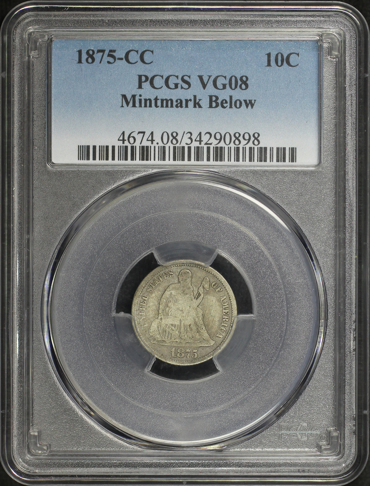 Obverse of this 1875-CC Mintmark Below Bow Liberty Seated Dime PCGS VG-08