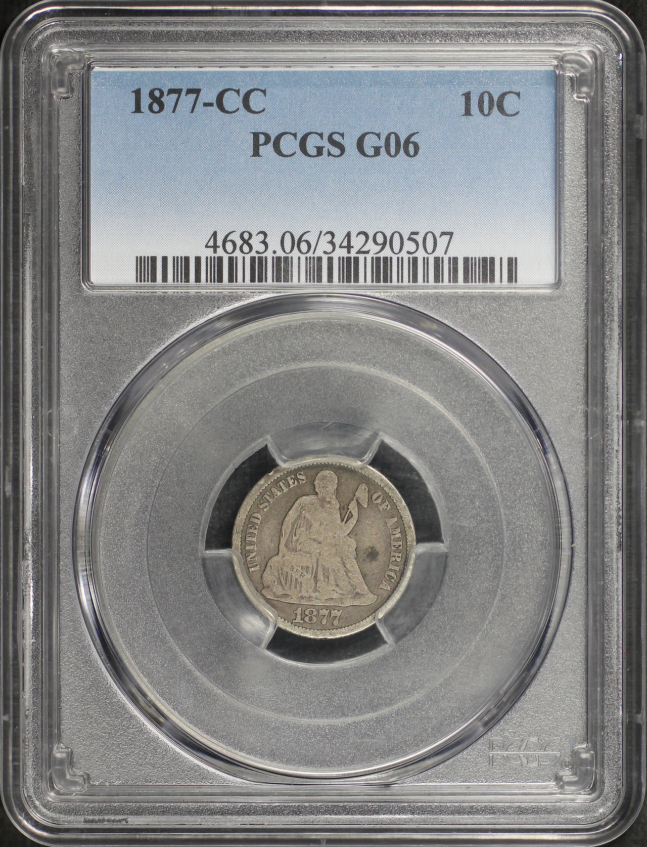 Obverse of this 1877-CC Liberty Seated Dime PCGS G-06