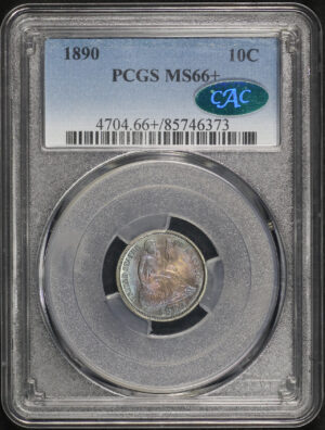 Obverse of this 1890 Liberty Seated Dime PCGS MS-66+ CAC Rainbow Toning